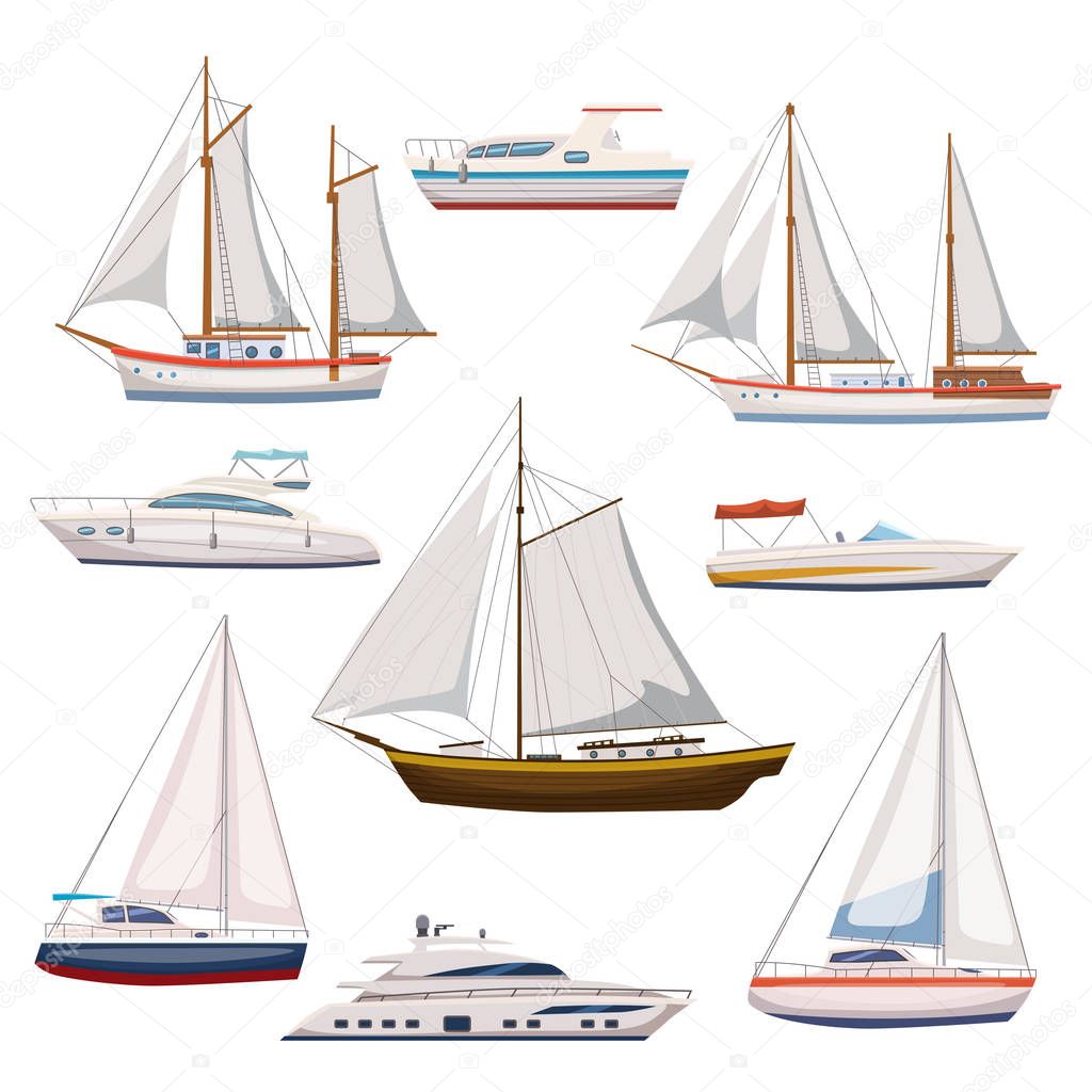 Super set of water carriage and maritime transport in modern cartoon design style. Ship, boat, vessel, warship, cargo ship, cruise ship, yacht, wherry, hovercraft. Isolated