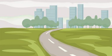 Şehir binaları ufuk vektör çizim üzerinde yol yol, otoyol cityscape karikatür tarzı, modern büyük gökdelenler uzak durma, perspektif Peyzaj ve şehir Oda, vektör