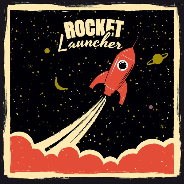 Roket Fırlatıcı başlangıç roket retro poster vintage renk ve grunge etkisi ile. İzole vektör, illüstrasyon, — Stok Vektör