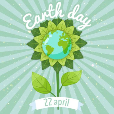 Dünya günü, gezegen earth bir stilize çiçek bir arka plan boşluk, retro, vintage, vektör, karikatür tarzı, illüstrasyon izole,