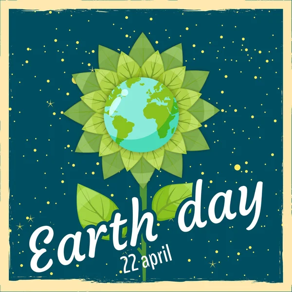 Earth Day, Planeten Erde in einer stilisierten Blume vor einem Hintergrund des Raumes, Retro, Jahrgang, Vektor, Cartoon-Stil, Illustration, isoliert — Stockvektor