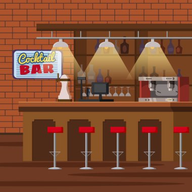 Sayaç Bar. Pub bira musluk pompası, tabure, alkol şişeleri ile temizleyelim. Pub bira glassescartoon izole vektör çizim ile