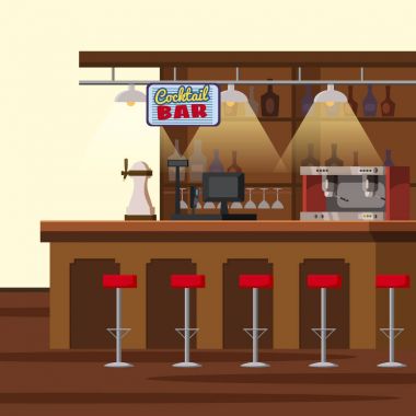 Sayaç Bar. Pub bira musluk pompası, tabure, alkol şişeleri ile temizleyelim. Pub bira glassescartoon izole vektör çizim ile
