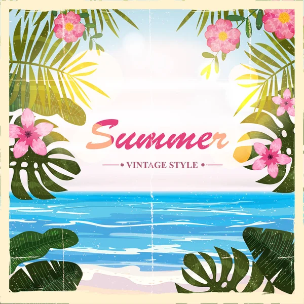 Vector summer retro poster background, flowers, beach, vector, illustrations — Stock Vector