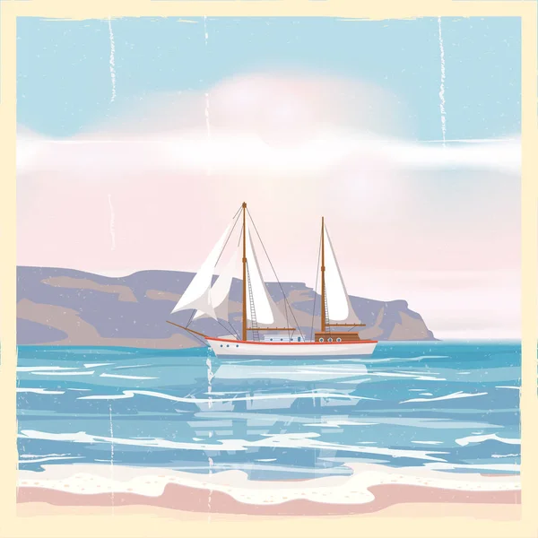 Vintage vista de verão à beira-mar cartaz. Capa do mar, navio, flores. Fundo vetorial, ilustrações — Vetor de Stock