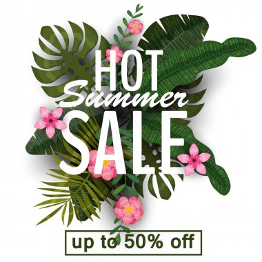 Bir afiş tasarımı ile bir logo sıcak yaz satış. Yaz tropikal bitki, yaprak ve çiçek dekorasyon ile promosyon için sunuyoruz. İzole vektör, illüstrasyon,