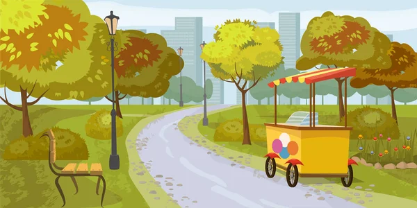 城市公园, 树木, 通向城市的小路, 长凳, 与冰淇淋摊, 在背景城市的房子, 矢量, 卡通风格, 插图, 孤立 — 图库矢量图片