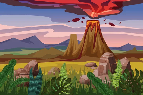 Erupción del volcán, paisaje de fondo llano, vegetación, piedras, vector, estilo de dibujos animados, ilustración, aislado — Archivo Imágenes Vectoriales