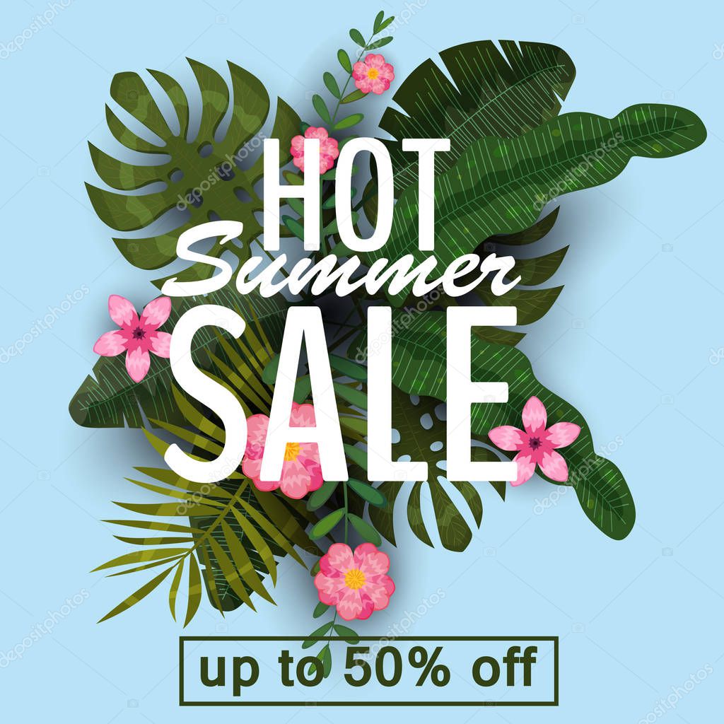 Design of a banner with a logo of summer sale. Offer for promotion with summer tropical plants, leaves and flower decoration. Vector, illustration