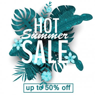 Bir afiş tasarımı ile bir logo sıcak yaz satış. Yaz tropikal bitki, yaprak ve çiçek dekorasyon ile promosyon için sunuyoruz. İzole vektör, illüstrasyon,