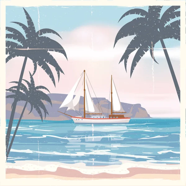 老式海滨夏日景观海报。海景, 船, 花, 棕榈。矢量背景, 插图 — 图库矢量图片