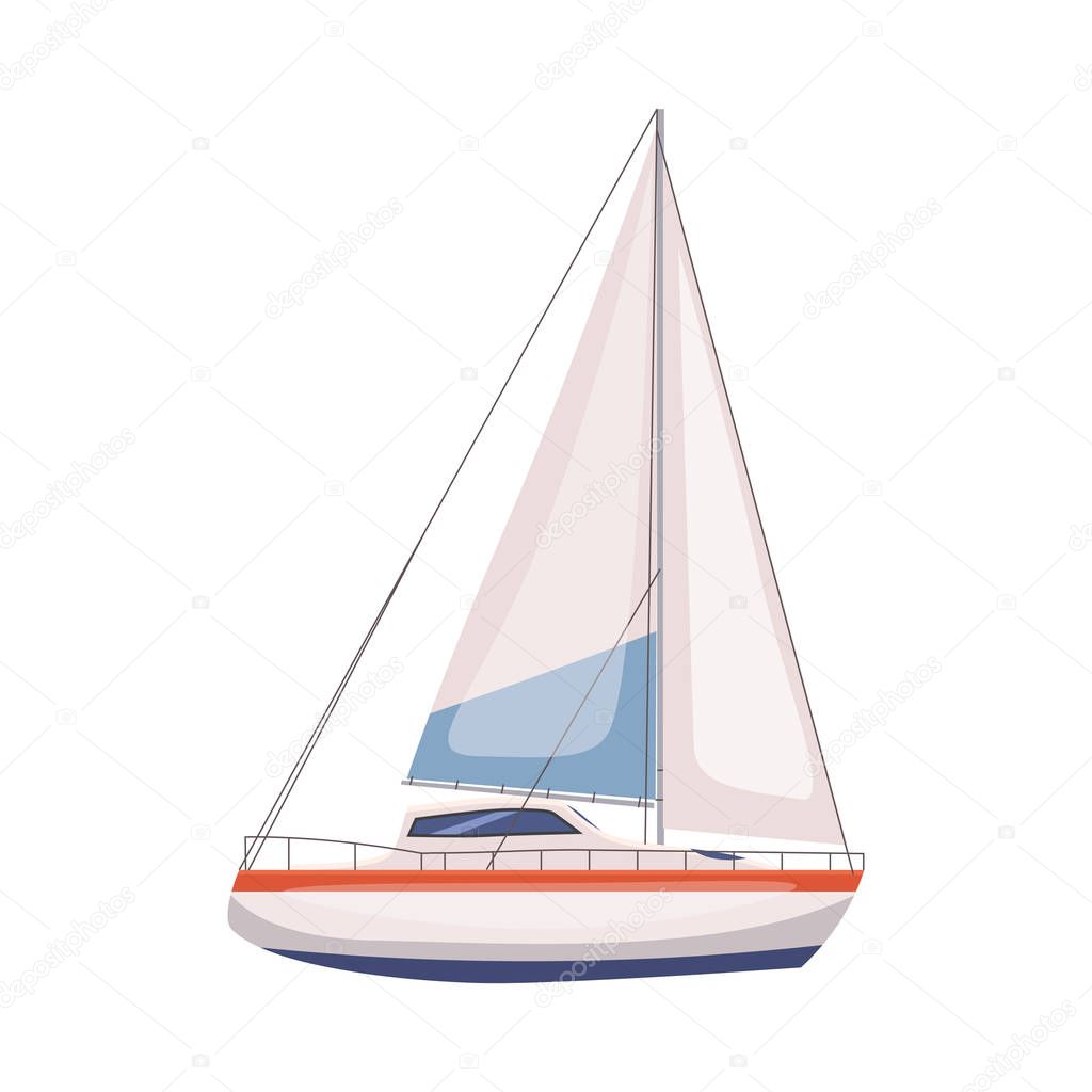 Sailing boat floating on water surface. Vector color illustration. Isolated. Cartoon style