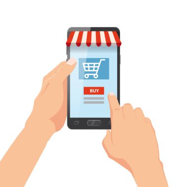 Smartphone alışveriş çantası ile tutan el. Internet sipariş. Online supermaket. Vektör çizim karikatür tarzı