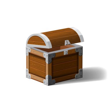 Açık korsan göğüs. ahşap kutu. Zenginlik zenginlik sembolü. Oyun arayüzü, vektör, izole karikatür düz vektör tasarımı