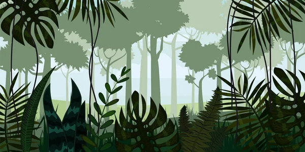 Bosque tropical vectorial Selva paisaje fondo con hojas, helecho, aislado, ilustraciones — Vector de stock