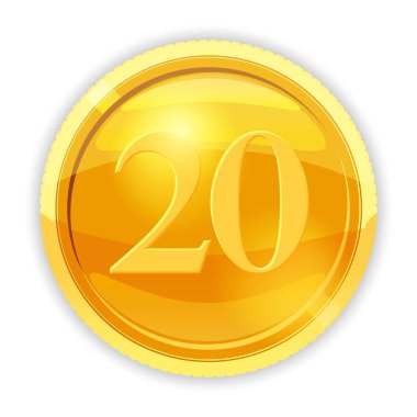 Altın sikke, değeri 20, vektör, illüstrasyon, izole karikatür tarzı,