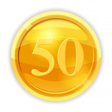 Altın sikke, değeri 50, vektör, illüstrasyon, izole karikatür tarzı,