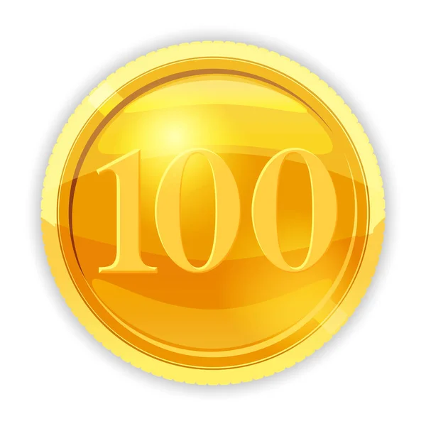 Gold coin, value 100, vector, illustration, cartoon style, isolated — Stock Vector