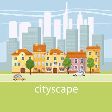 Kentsel peyzaj büyük modern binalar ve banliyö ile özel evler. Street, karayolu ile otomobil. Kavram şehir ve banliyö hayat. İzole vektör, karikatür tarzı,
