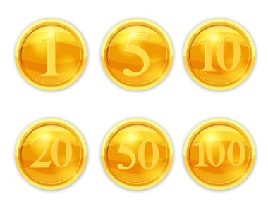 Altın illüstrasyon ayarlayın. Serin paralar ayarlayın. İzole vektör, karikatür tarzı,