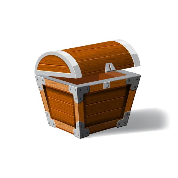 Open piraat borst. houten doos. Symbool van rijkdom rijkdom. Cartoon platte vector design voor gaming interface gaming interface, vector, geïsoleerd — Stockvector