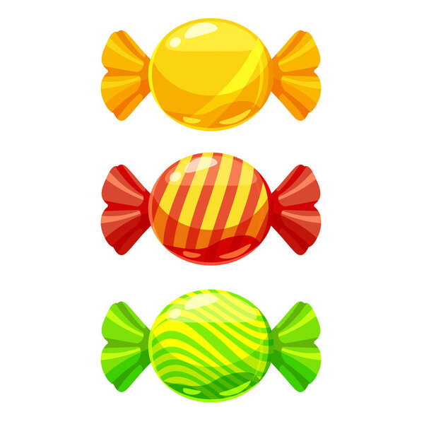 A set of sweet candies in a package of different colors, vector. Illustration of cartoon style, isolated