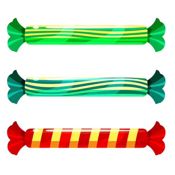 Un conjunto de caramelos dulces en un paquete de diferentes colores, vector. Ilustración de estilo de dibujos animados, aislado — Archivo Imágenes Vectoriales