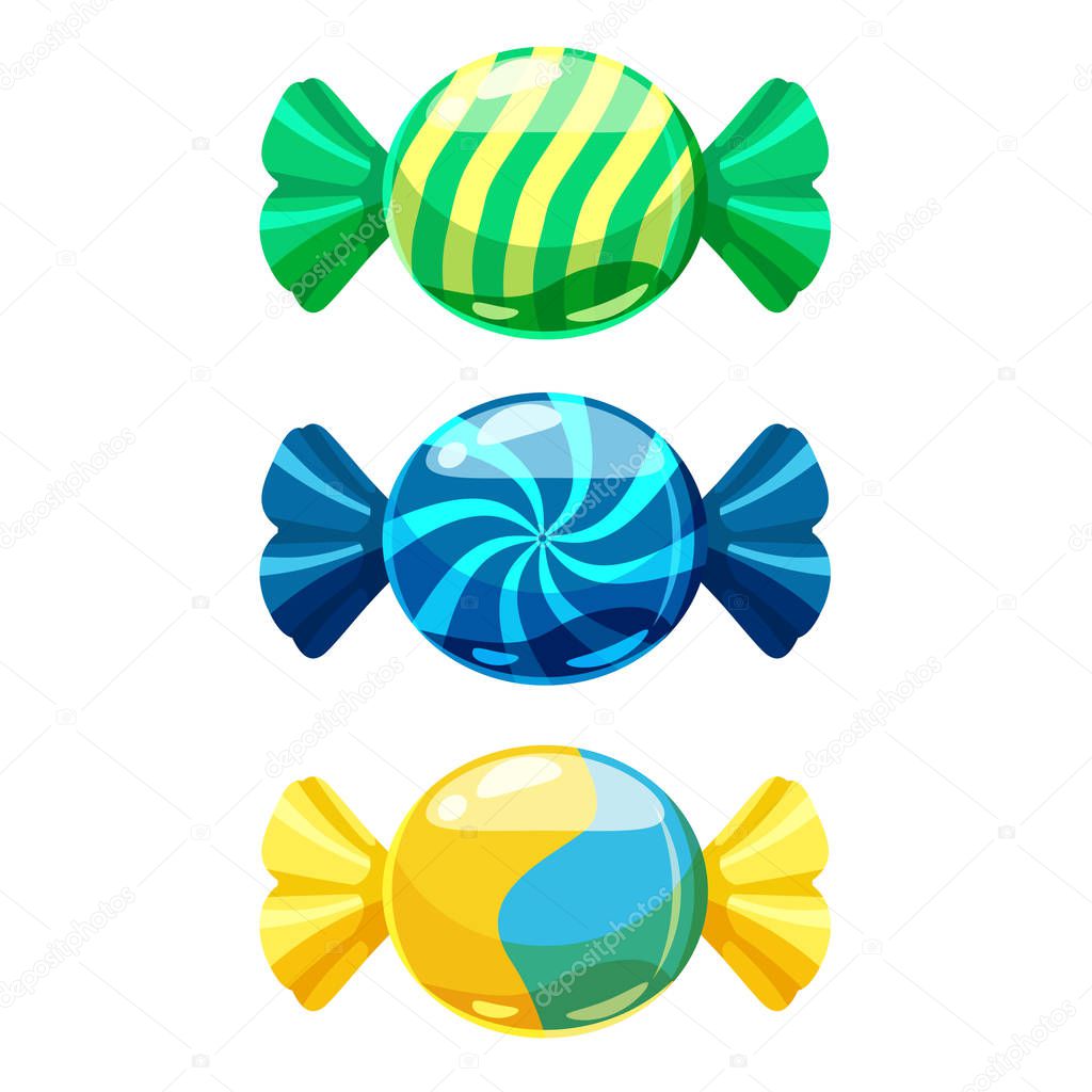 A set of sweet candies in a package of different colors, vector. Illustration of cartoon style, isolated