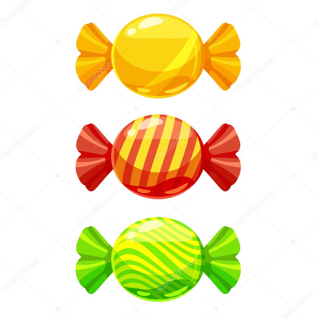 A set of sweet candies in a package of different colors, vector. Illustration of cartoon style, isolated