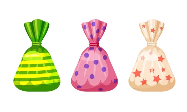 Un conjunto de caramelos dulces en un paquete de diferentes colores, vector. Ilustración de estilo de dibujos animados, aislado — Vector de stock