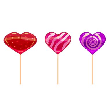 Renkli kalpli lolipop kümesi. Sevgililer günü tasarım için iyi. Karikatür tarzı, vektör, izole