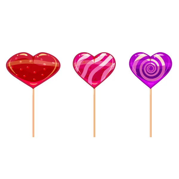Renkli kalpli lolipop kümesi. Sevgililer günü tasarım için iyi. Karikatür tarzı, vektör, izole — Stok Vektör