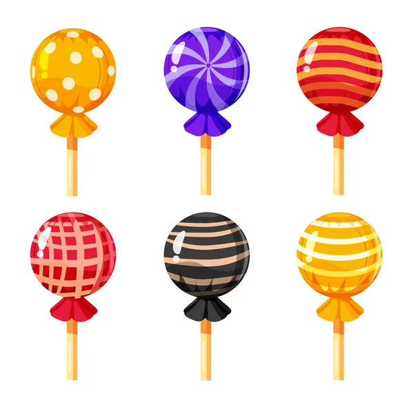 Conjunto de piruletas de colores, dulces caramelos, ilustración vectorial, estilo de dibujos animados — Vector de stock