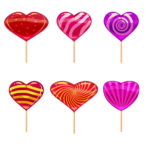 Conjunto de coloridos piruletas en forma de corazón. Bueno para el diseño de San Valentín. Estilo de dibujos animados, vector, aislado — Archivo Imágenes Vectoriales