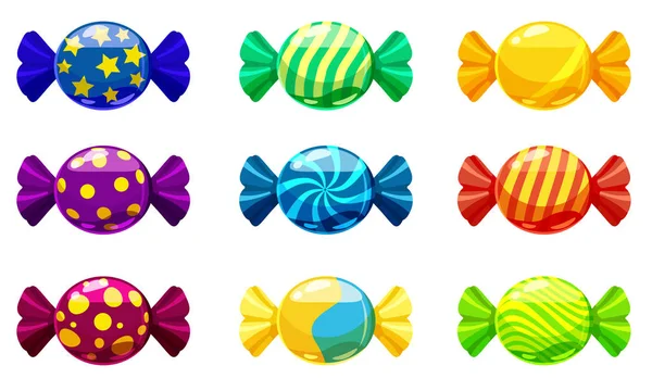 Una serie di caramelle dolci in un pacchetto di colori diversi, vettore. Illustrazione di stile cartone animato, isolato — Vettoriale Stock