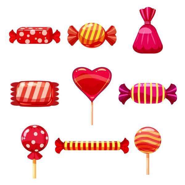 Conjunto de caramelos de dibujos animados individuales, piruleta, dulces. Ilustración, aislada en blanco. Estilo de dibujos animados — Vector de stock
