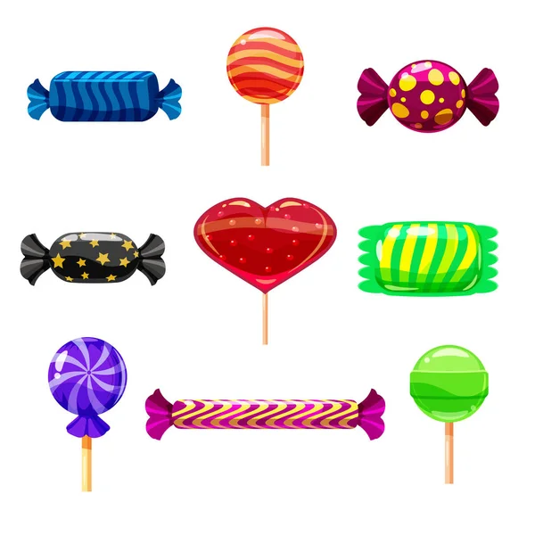 Conjunto de caramelos de dibujos animados individuales, piruleta, dulces. Ilustración, aislada en blanco. Estilo de dibujos animados — Vector de stock