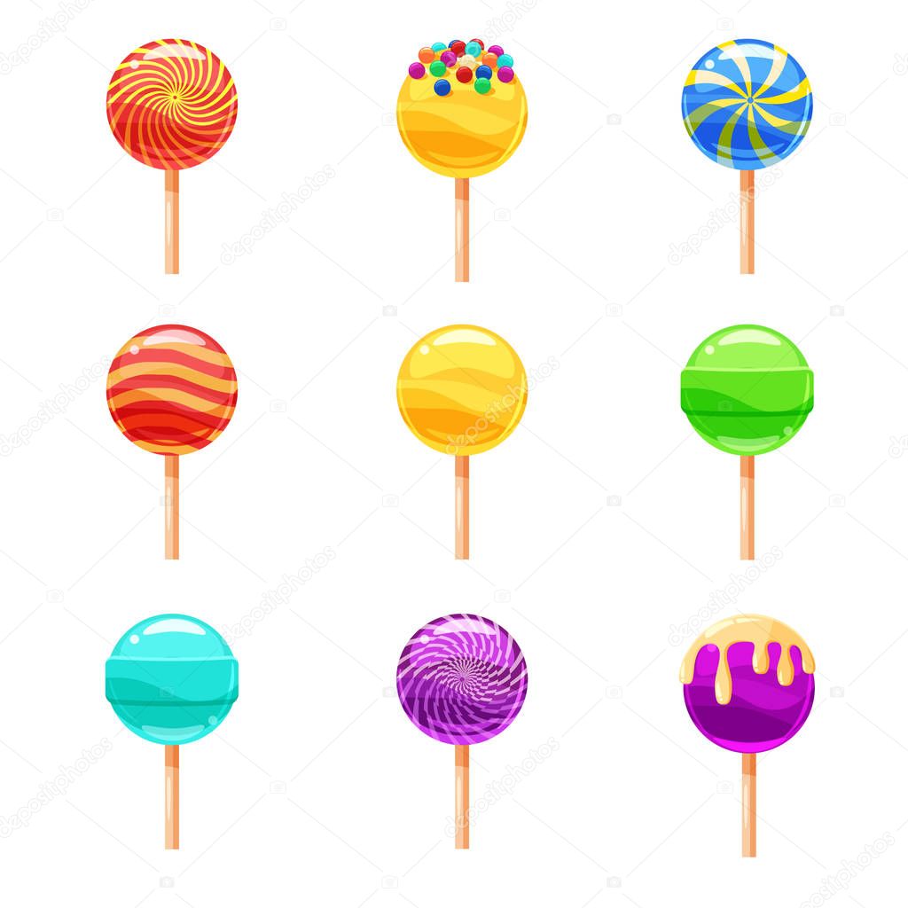 Set of colorful lollipops, sweet candies, vector illustration, cartoon style