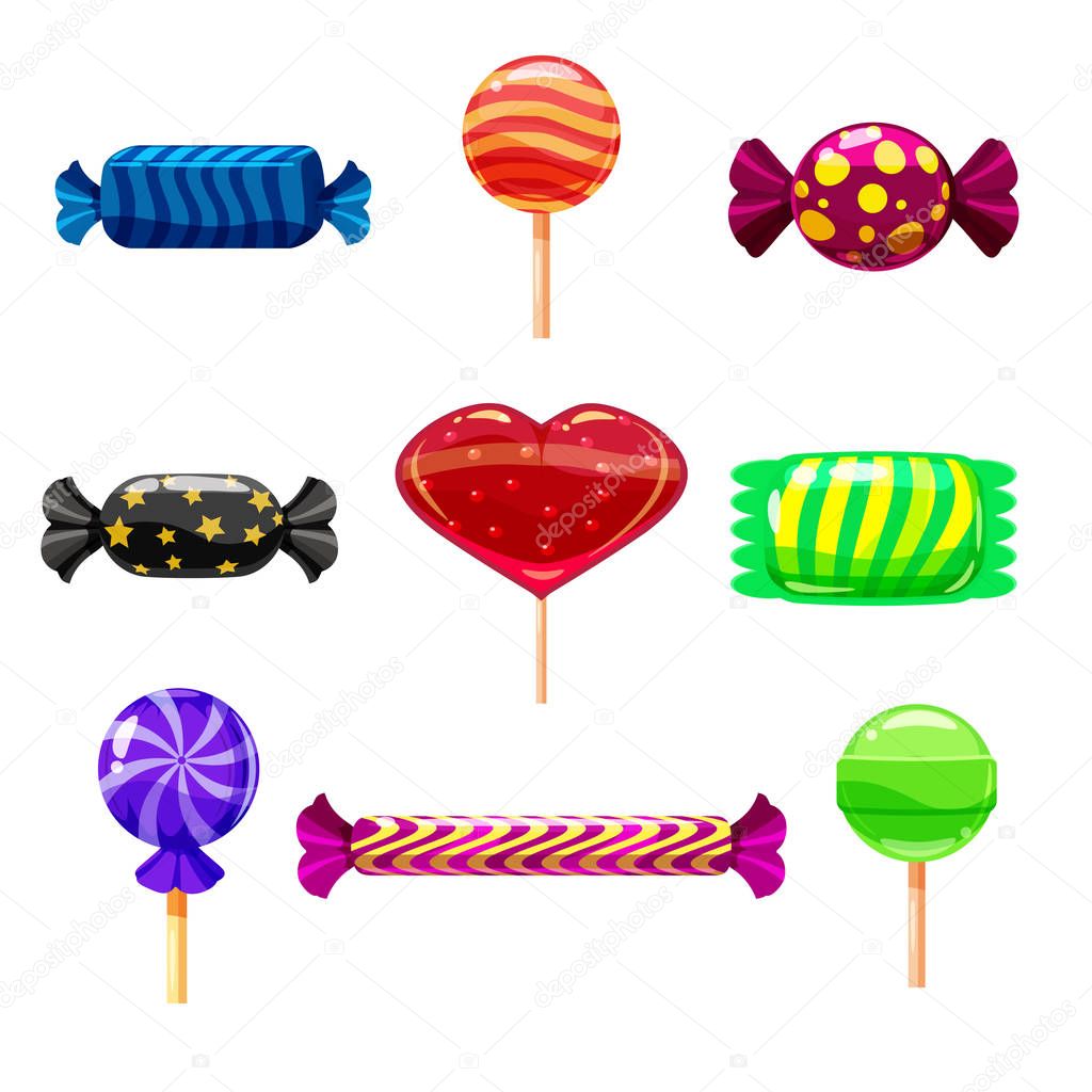 Set single cartoon candies, lollipop, candy. Illustration, isolated on white. Cartoon style