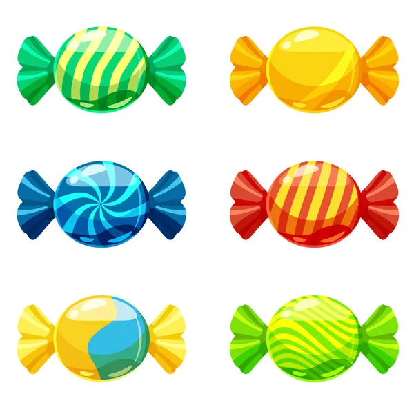 Un conjunto de caramelos dulces en un paquete de diferentes colores, vector. Ilustración de estilo de dibujos animados, aislado — Archivo Imágenes Vectoriales