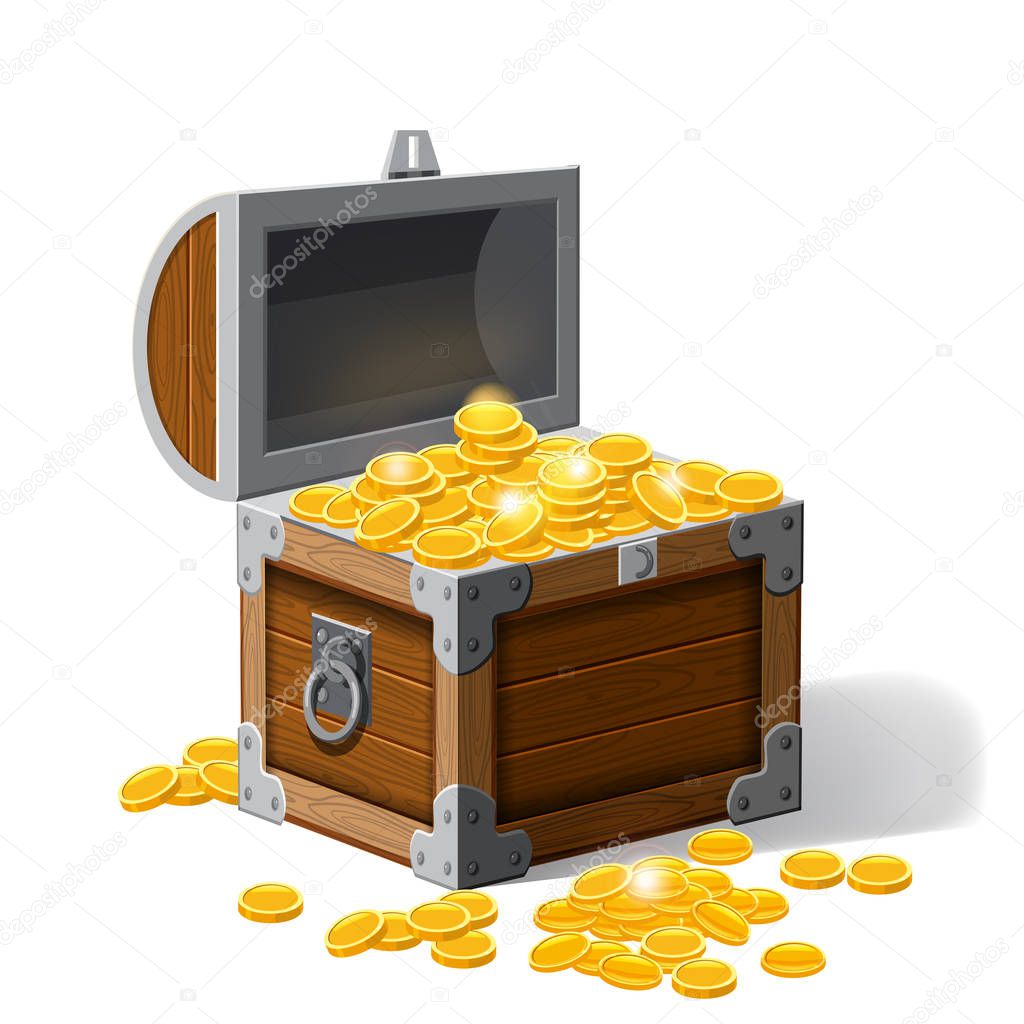 Piratic trunk chests with gold coins treasures. . Vector illustration. Catyoon style, isolated