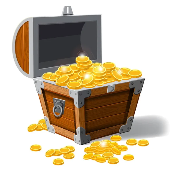 Baús de tronco pirático com moedas de ouro tesouros. .. Ilustração vetorial. Estilo catyoon, isolado — Vetor de Stock