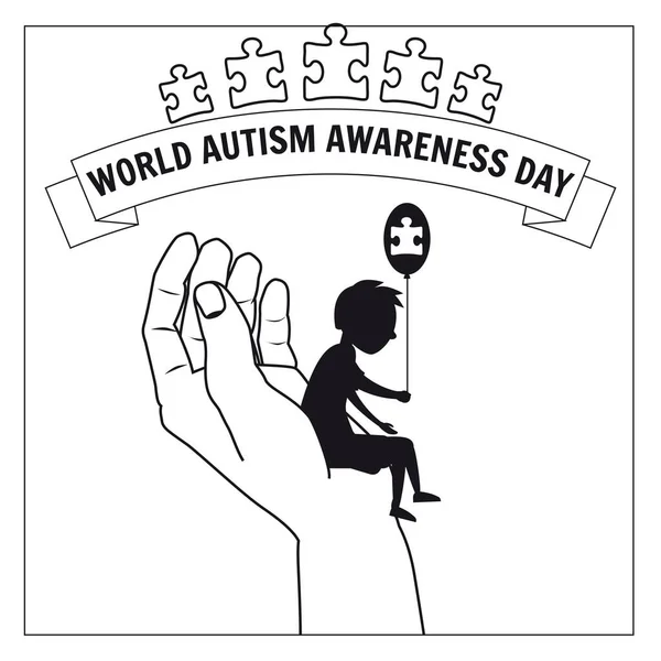 Autismo, un piccolo ragazzo solitario siede sulla mano di un adulto, su uno sfondo di puzzle, vettore, illustrazione, isolato — Vettoriale Stock