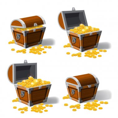 Piratic trunk chests with gold coins treasures. . Vector illustration. Catyoon style, isolated clipart