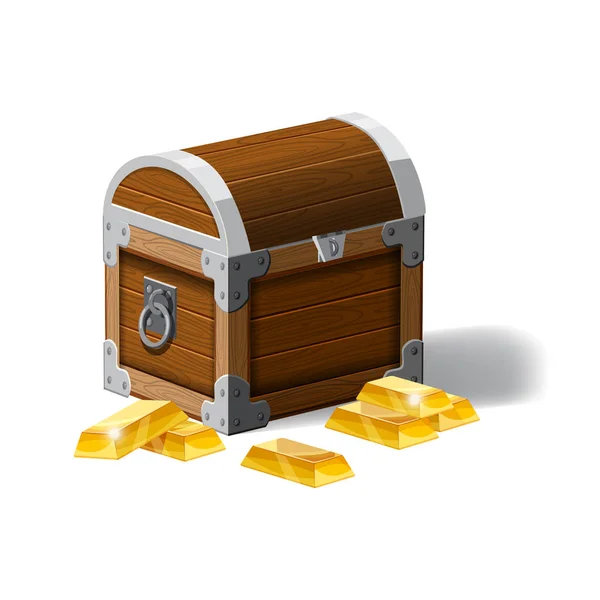 Antiguo cofre pirata lleno de barras de oro, vector, estilo de dibujos animados, ilustración, aislado. Para juegos, aplicaciones publicitarias — Vector de stock