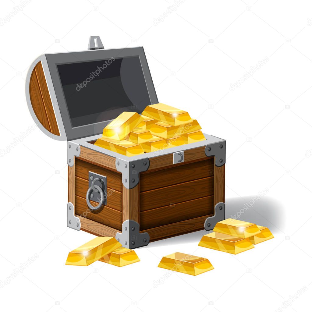 Old pirate chest full of gold bars, vector, cartoon style, illustration, isolated. For games, advertising applications