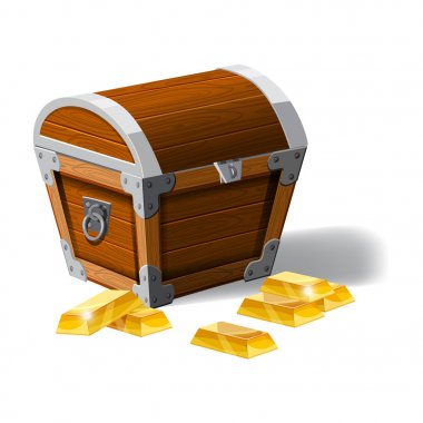 Eski korsan sandık dolusu altın külçeleri, vektör, karikatür tarzı, illüstrasyon izole. Uygulamalar için oyunlar, reklam