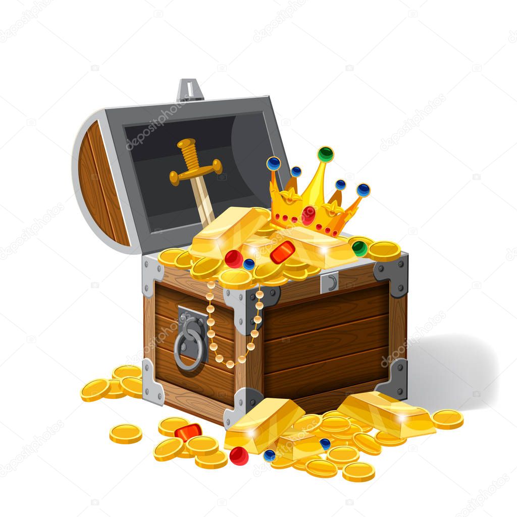 Old pirate chest full of treasures, gold coins, ingots, jewelry, crown, dagger, vector, cartoon style, illustration, isolated. For games, advertising applications