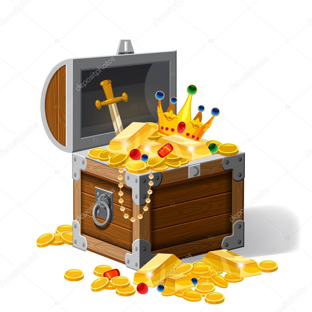 Old pirate chest full of treasures, gold coins, ingots, jewelry, crown, dagger, vector, cartoon style, illustration, isolated. For games, advertising applications