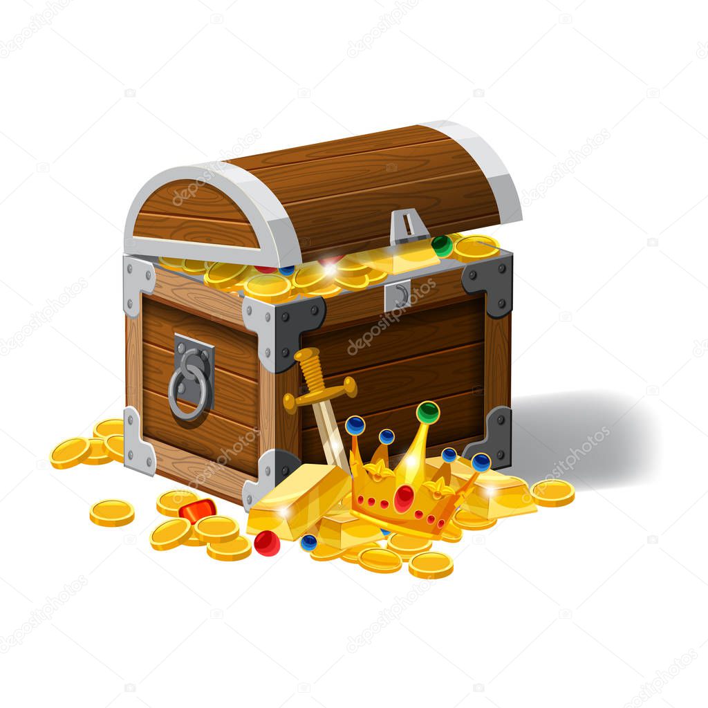 Old pirate chest full of treasures, gold coins, ingots, jewelry, crown, dagger, vector, cartoon style, illustration, isolated. For games, advertising applications